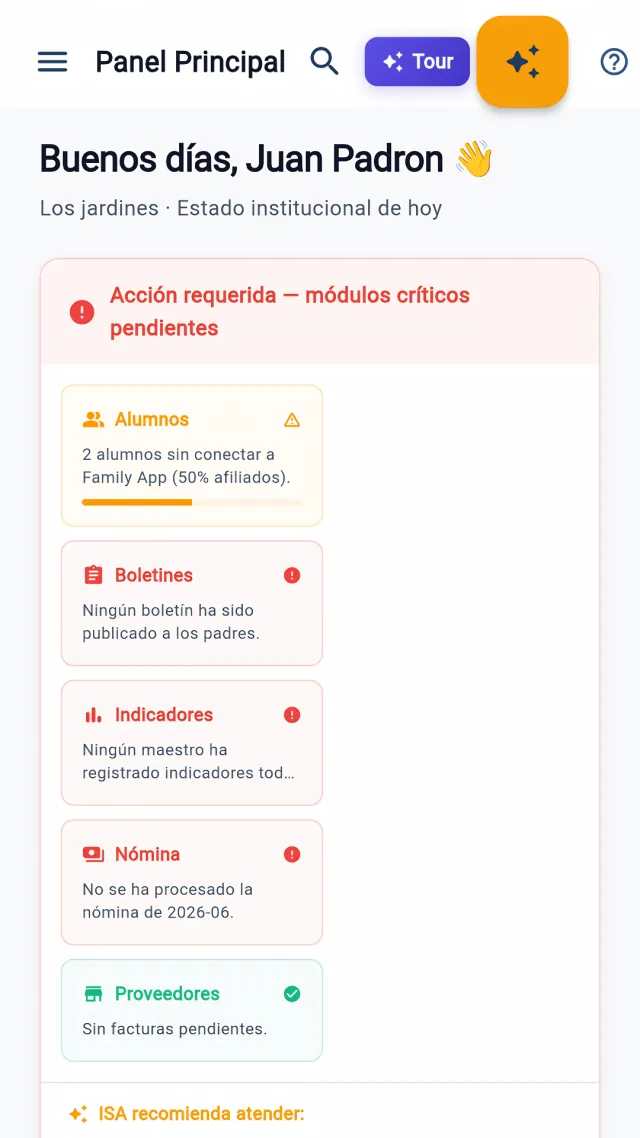 Panel de KREA School con indicadores del colegio